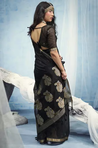 Black pure munga silk blend handloom saree with organza pallu