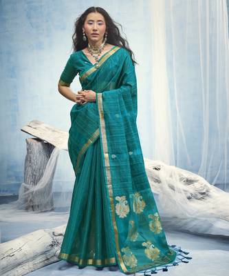 Teal pure munga silk blend handloom saree with organza pallu 1