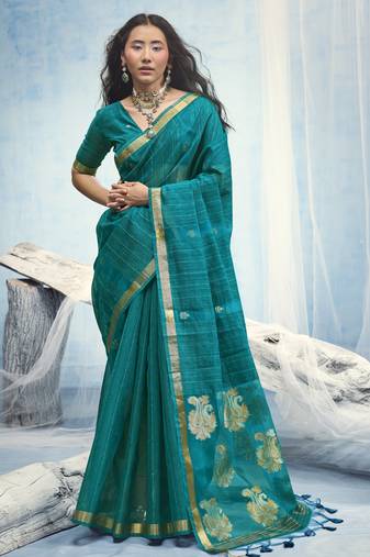 Teal pure munga silk blend handloom saree with organza pallu