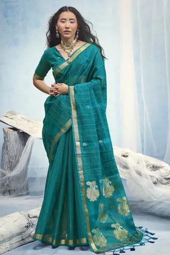 Teal pure munga silk blend handloom saree with organza pallu