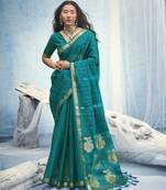 Teal pure munga silk blend handloom saree with organza pallu