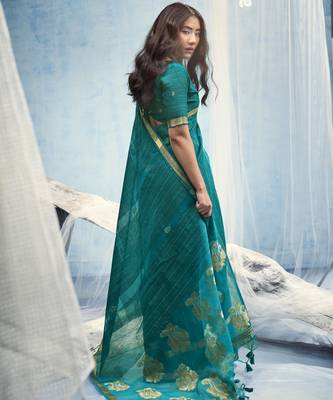 Teal pure munga silk blend handloom saree with organza pallu 3