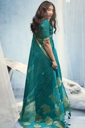 Teal pure munga silk blend handloom saree with organza pallu