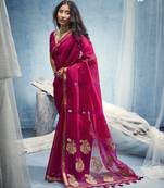 Rani pink pure munga silk blend handloom saree with organza pallu
