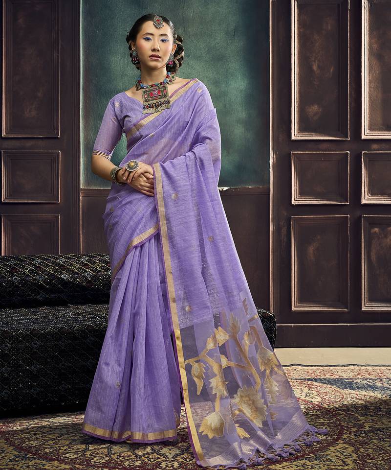 Lavender pure munga silk blend handloom weaving saree