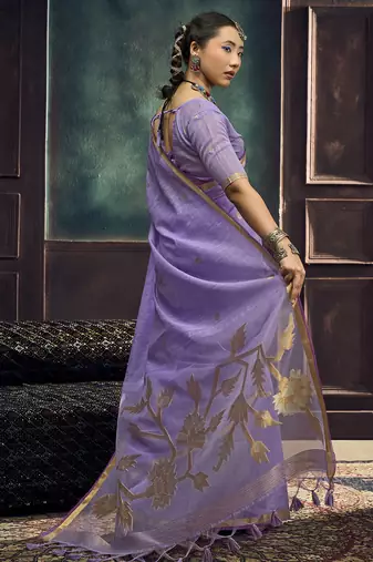 Lavender pure munga silk blend handloom weaving saree