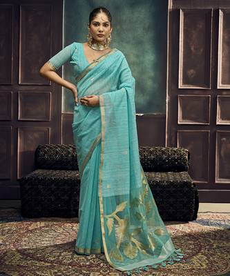 Aqua blue pure munga silk blend handloom weaving saree 1