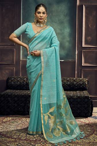 Aqua blue pure munga silk blend handloom weaving saree