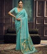 Aqua blue pure munga silk blend handloom weaving saree