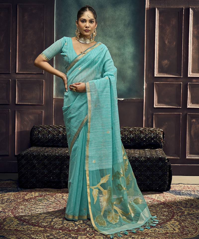 Aqua blue pure munga silk blend handloom weaving saree