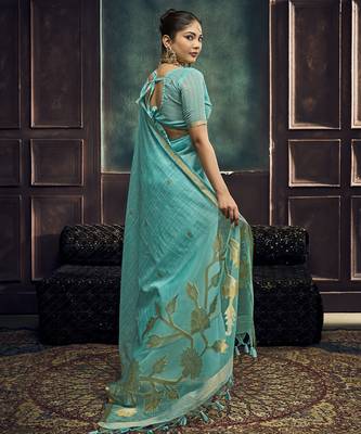 Aqua blue pure munga silk blend handloom weaving saree 2