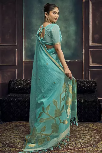 Aqua blue pure munga silk blend handloom weaving saree