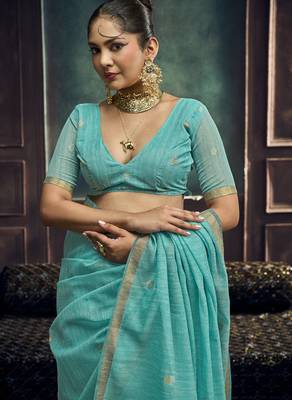 Aqua blue pure munga silk blend handloom weaving saree 3