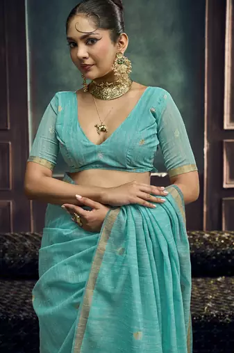 Aqua blue pure munga silk blend handloom weaving saree