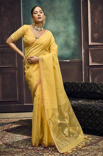 Mustard pure munga silk blend handloom weaving saree