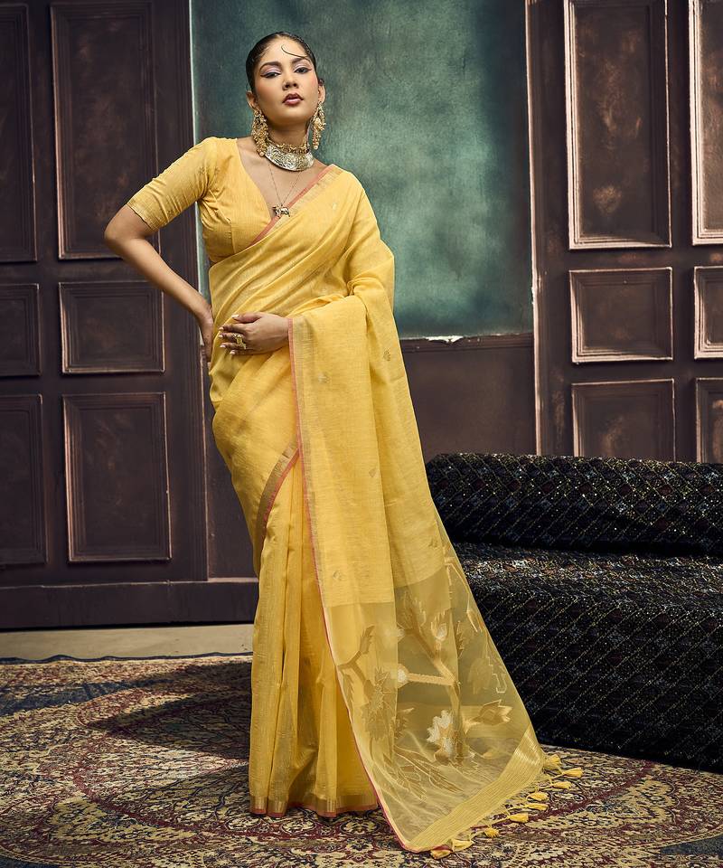 Mustard pure munga silk blend handloom weaving saree
