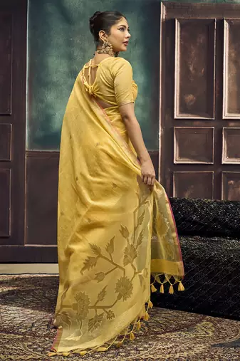 Mustard pure munga silk blend handloom weaving saree