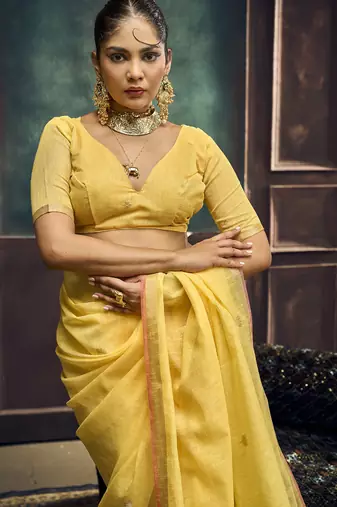 Mustard pure munga silk blend handloom weaving saree