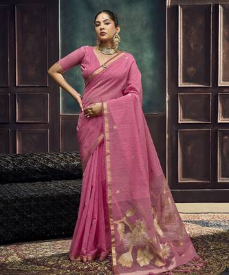 Rani pink pure munga silk blend handloom weaving saree 1