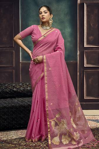 Rani pink pure munga silk blend handloom weaving saree