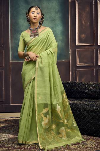 Green pure munga silk blend handloom weaving saree