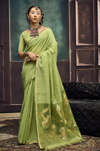 Green pure munga silk blend handloom weaving saree