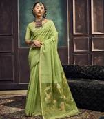 Green pure munga silk blend handloom weaving saree