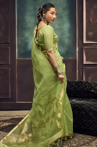 Green pure munga silk blend handloom weaving saree