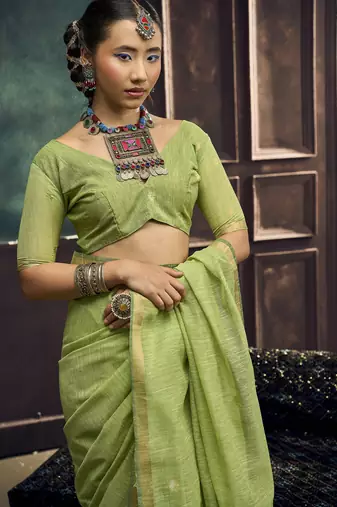 Green pure munga silk blend handloom weaving saree