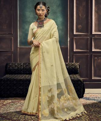 Cream pure munga silk blend handloom weaving saree 1