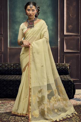 Cream pure munga silk blend handloom weaving saree