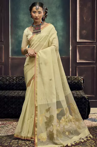 Cream pure munga silk blend handloom weaving saree