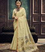 Cream pure munga silk blend handloom weaving saree