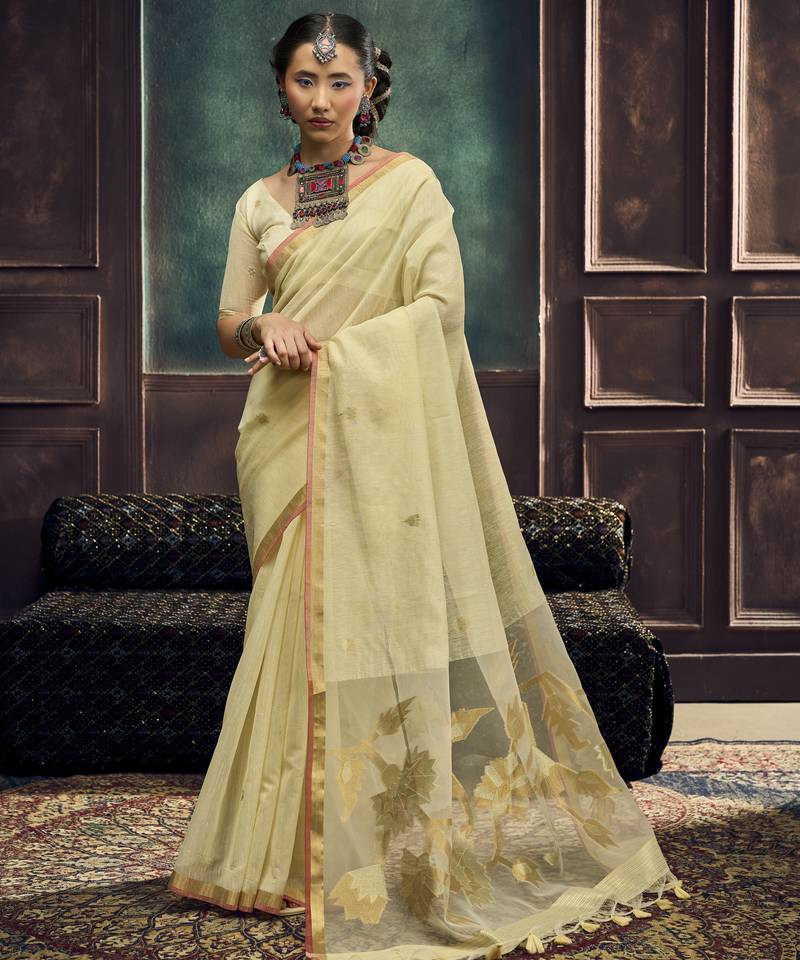 Cream pure munga silk blend handloom weaving saree