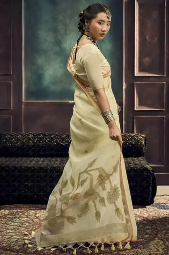 Cream pure munga silk blend handloom weaving saree