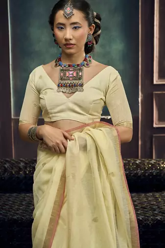 Cream pure munga silk blend handloom weaving saree