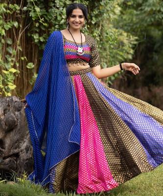 multi kali jacquard silk weaving lehenga chloi with dupatta - full stitched free size 1