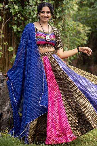 multi kali jacquard silk weaving lehenga chloi with dupatta - full stitched free size