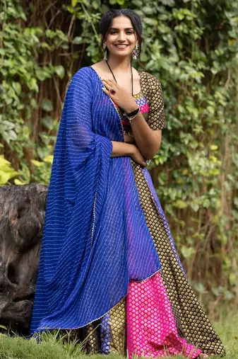 multi kali jacquard silk weaving lehenga chloi with dupatta - full stitched free size