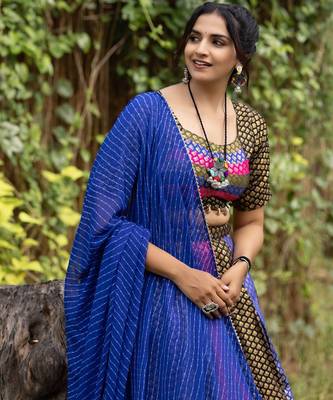 multi kali jacquard silk weaving lehenga chloi with dupatta - full stitched free size 4