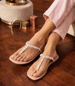 Peach crystal embellished faux leather t-strap flats for women