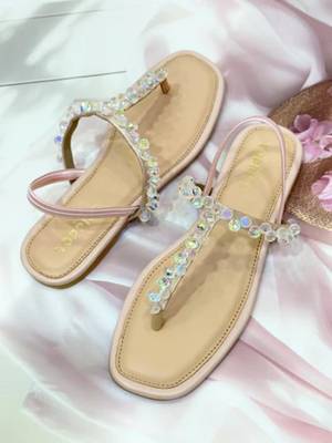 Peach crystal embellished faux leather t-strap flats for women 2