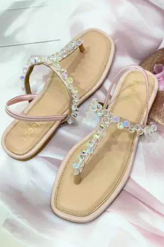 Peach crystal embellished faux leather t-strap flats for women