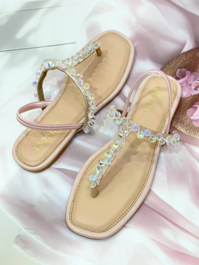 Peach crystal embellished faux leather t-strap flats for women