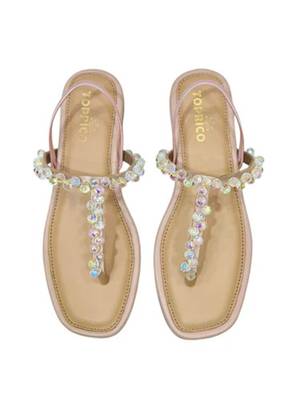 Peach crystal embellished faux leather t-strap flats for women 3
