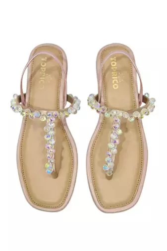 Peach crystal embellished faux leather t-strap flats for women