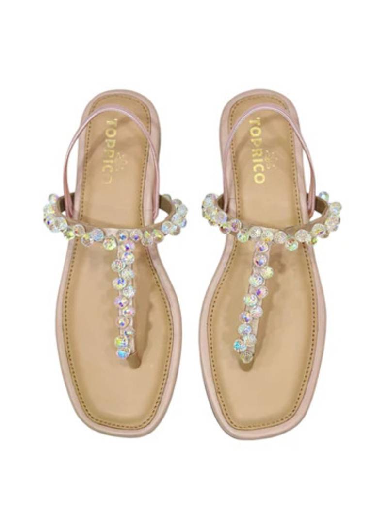Peach crystal embellished faux leather t-strap flats for women