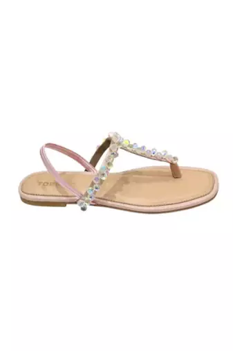 Peach crystal embellished faux leather t-strap flats for women