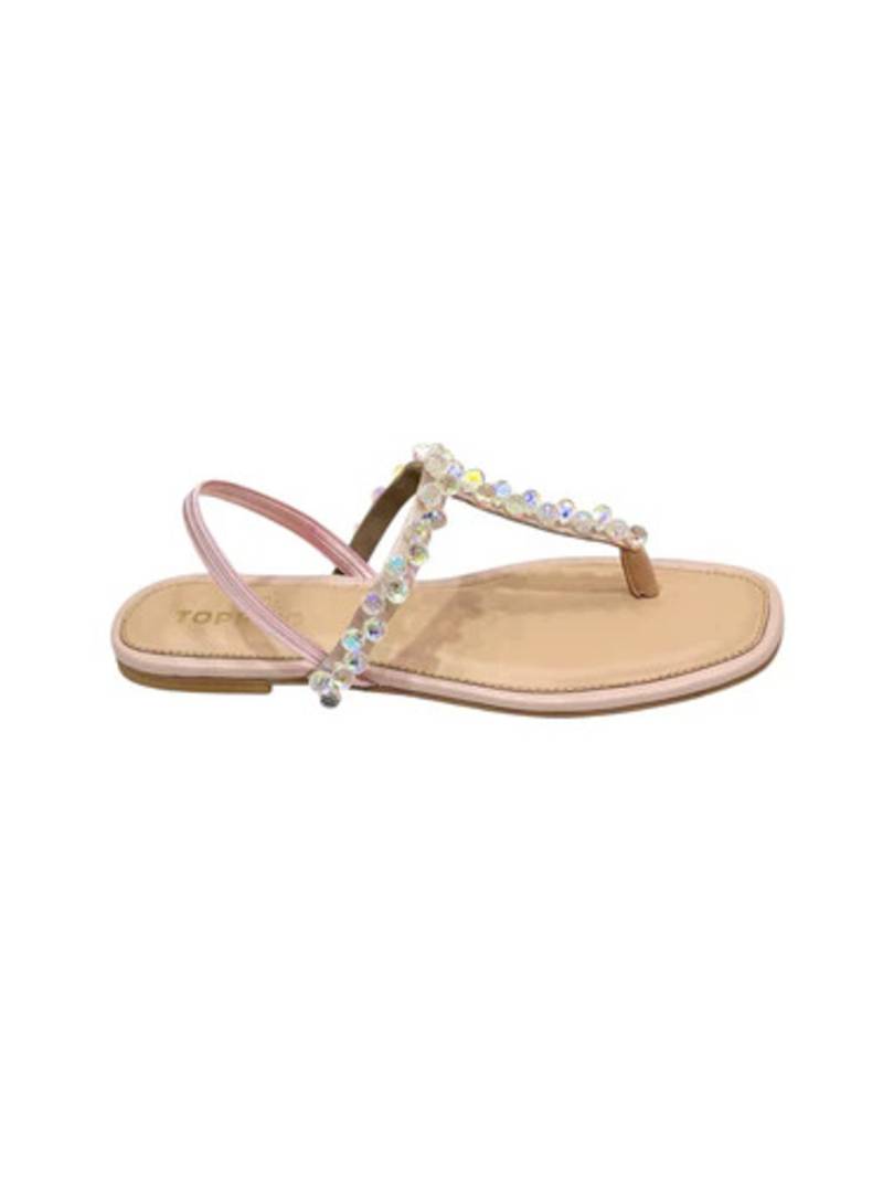 Peach crystal embellished faux leather t-strap flats for women