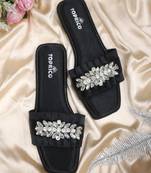Black crystal embellished faux leather slip-on flats for women